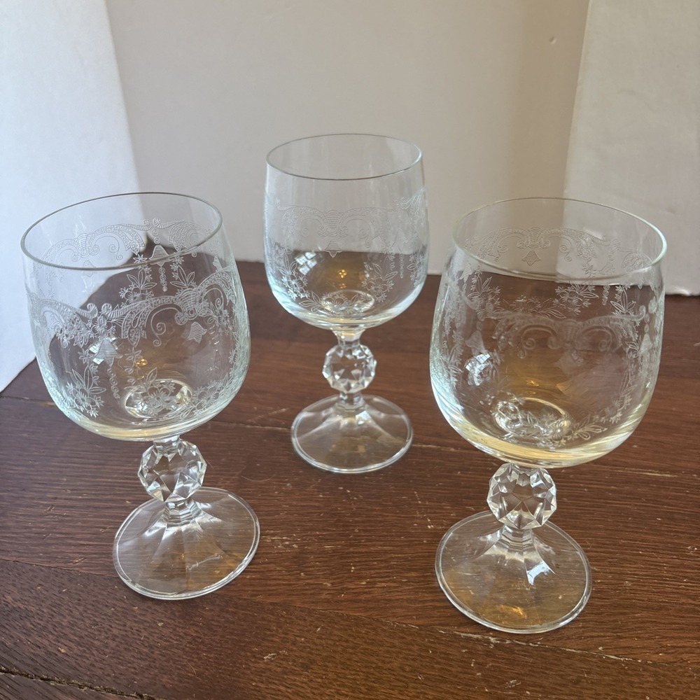 Set of 3 Bohemian‎ Cascade Etched Wine Glasses by Import Assoc.